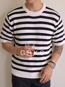 GRKC 春夏男士中性休閒百搭拼色條紋度假街頭通勤校園圓領短袖寬鬆針織毛衣 - 白色 - 查看 4