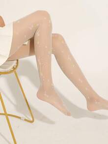 Black Floral Jacquard Tights, Fashionable Women's Full Foot Stockings - Multicolor - View 7