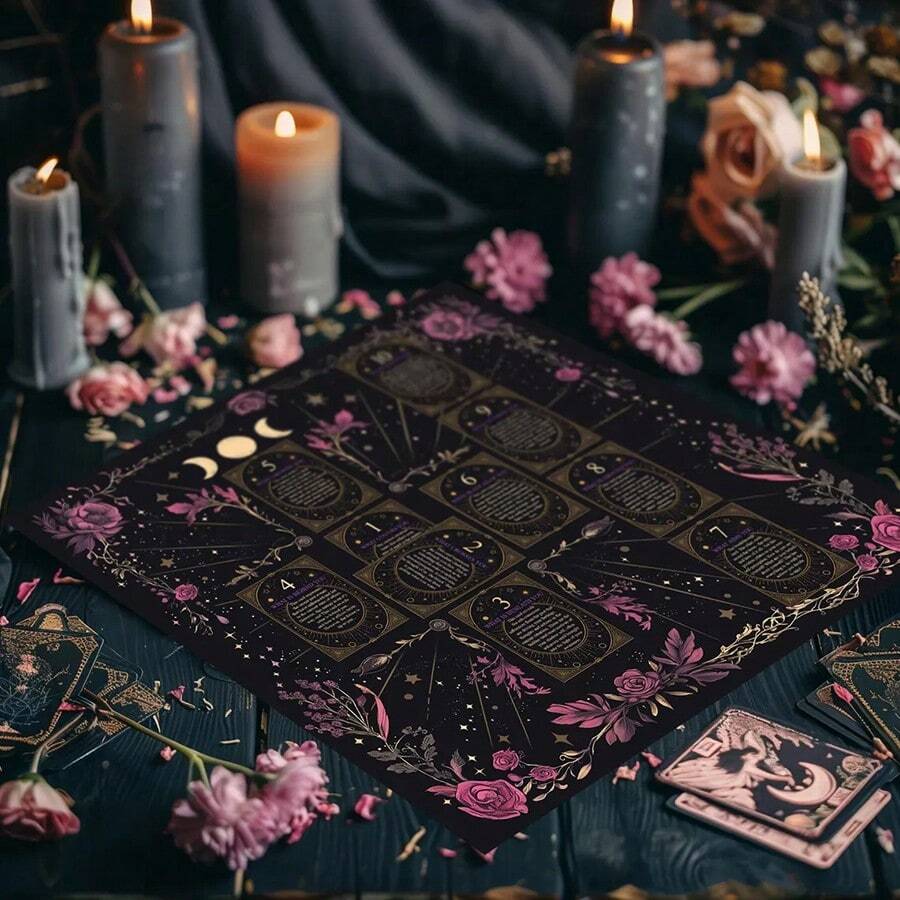 1 buah Alas Hitam dengan Pola Tarot Bulan Emas, Panduan Posisi Kartu Tarot, Bingkai Bunga Mawar Peony Ungu, Kain Altar untuk Membaca Kartu Ramalan Tarot, Dekorasi Ritual Meditasi, Hadiah - MultiWarna - View 1