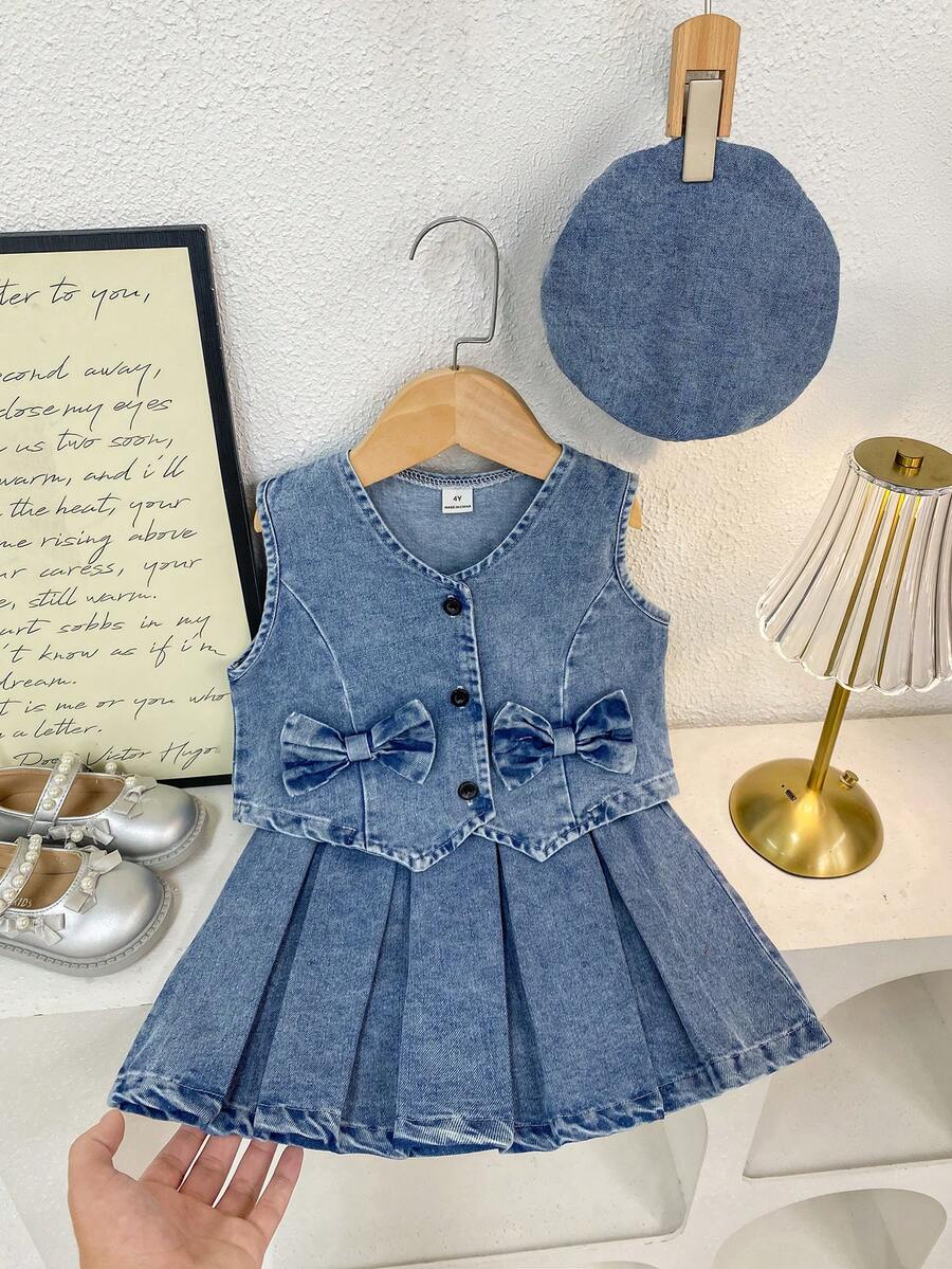 2pcs/Set Girls Elegant Bow Decor Vest With Hat, Pleated Skirt, Summer - Medium Wash - View 1
