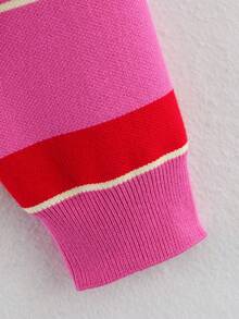 GDDYIN Women's Autumn New Arrival Retro Colorblock Striped Polo Neck Casual Top Pink - Pink - View 9