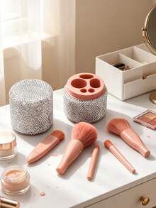1 Set Rhinestone-Encrusted Cylindrical Makeup Brush Holder, Full Rhinestone Sparkling Craftsmanship Surface With Exquisite Pink Inner Lid Design, Large Capacity To Store Makeup Brushes, Foundation Brushes, Eyeshadow Brushes, Blush Brushes And Other Makeup Tools, Also Suitable For Lipsticks, Eyelash Curlers And Other Cosmetic Tools, Perfect For Vanity, Makeup Table, Bathroom Countertop And Bedroom Desk - Pink - View 8