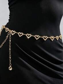 1pc Hollow Heart Rhinestone Waist Chain, Shiny Adjustable Body Chain, Women's Dress Accessory - Gold - View 1