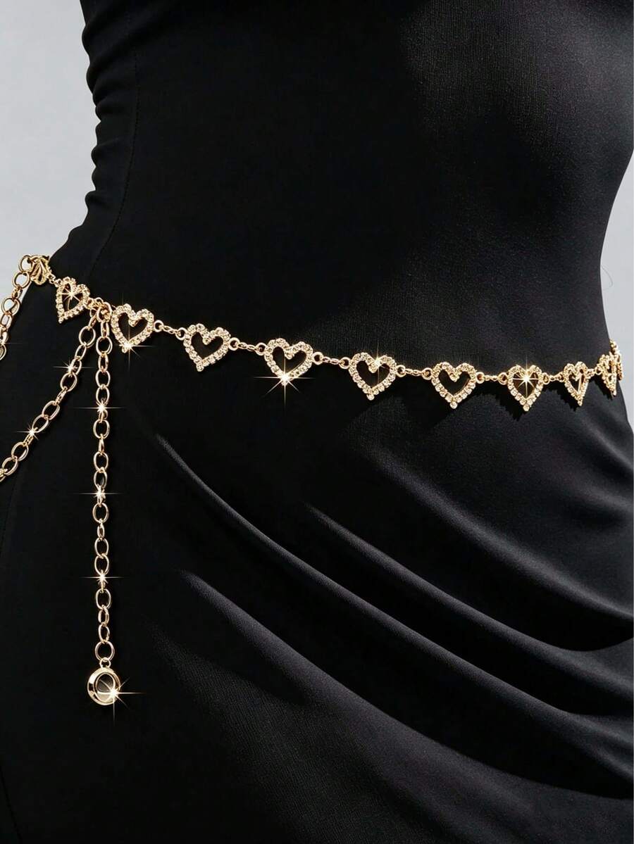 1pc Hollow Heart Rhinestone Waist Chain, Shiny Adjustable Body Chain, Women's Dress Accessory - Gold - View 1