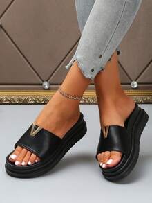 Women's Elegant Thick Sole Sandals, Metal Material Beach Slippers, Bohemian Style, Perfect For Dating And Party Occasions - Black - View 2