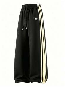 Whitmere Men's Casual Sports Sweatpants, Classic 3-Stripe Wide Leg Joggers With Drawstring Pockets, Loose Straight Leg Track Pants - Black - View 5