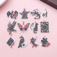 5/12pcs Vintage Gothic Dark Alloy Enamel Charms, Dragon Raven Bat Occult Floral Sword Pendants For Jewelry Keychain Bag Ornament DIY Craft Accessories - Multicolor - View 2