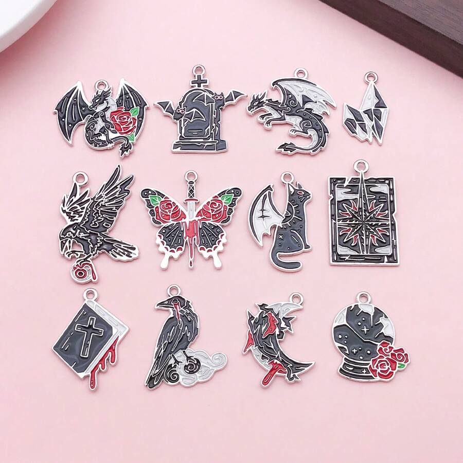 5/12pcs Vintage Gothic Dark Alloy Enamel Charms, Dragon Raven Bat Occult Floral Sword Pendants For Jewelry Keychain Bag Ornament DIY Craft Accessories