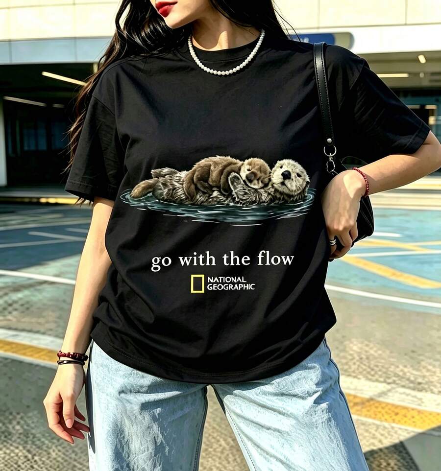 New Arrival 2026: National Geographic Unisex "Go With The Flow" T-Shirt, Loose And Relaxed Style, Soft And Breathable Fabric, 100% Cotton, Fashion For Everyday Wear, Women's Graphic Print T-Shirt. - 黑色 - 查看 1