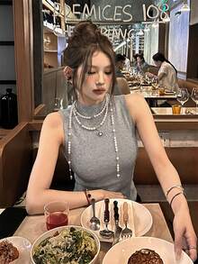Autumn/Winter Korean Style Sweet Knit Top Sweater + Grey Vest 2pcs Set Women Casual Colorblock Mock Neck Layered College Style Embroidered Long Fall - Dark Grey - View 7