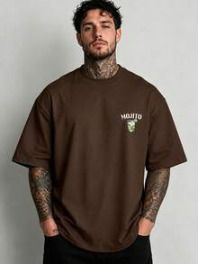 Men's Minimalist Fashion Beverage Cocktail Pattern Printed Letter Round Neck Short Sleeve Summer T-Shirt - Coffee Brown - View 2