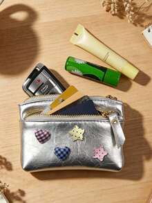 Cute Women Zipper Coin Purse,Y2k Heart Star Decorations,Double Zipper PU Wallet,Portable Key Card, Lipstick Holder,Daily Change Pouch,For Women Girl - Multicolor - View 3