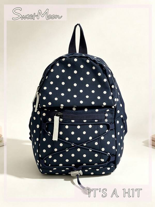 1 pieza Mochila ligera de nailon azul marino con estampado de lunares minimalista casual, decoración de cuerda, múltiples bolsillos, correa de hombro cómoda, cierre de cremallera, estilo de caliente para primavera/verano, adecuada para estudiantes, campus, desplazamientos, viajes al aire libre, regalo de vacaciones, puede contener libros, estuche de lápices, bolsa de maquillaje, caja de maquillaje, adecuada para el hogar, regalos, vacaciones