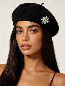 1pc Autumn/Winter Warm Knitted Faux Wool Solid Color Rotating Sunflower Women's Beret Hat, Fashion Simple Versatile Casual Vintage Painter Hat - Multicolor - View 11