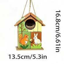 Hand Painted Squirrel & Rabbit Wooden Bird House, Cute Cartoon Forest Animal Hanging Bird Nest Box, Weatherproof Decorative Birdhouse For Backyard Garden Patio Tree Ornament - A - View 5