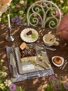 Miniature Dollhouse Candlelight Dessert Model Set, 1:12 Cake, Caramel Pudding, Teacup And Candlestick Miniature Models, With Mini Tableware And Tray, Miniature Model House Romantic Dining Scene Decoration And Photography Props - one-size - View 6