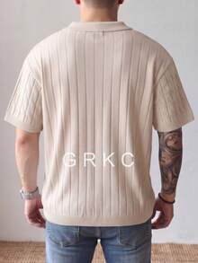 GRKC 春夏男款新款休閒寬鬆極簡純色扭繩羅紋韓系百搭通勤小眾時尚 Polo 領套頭短袖針織 T-shirt 上衣 - 杏色 - 查看 5