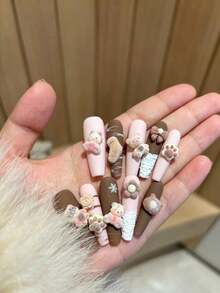 Approx. 20pcs Random Mixed Flocked Cartoon Animal Nail Art Accessories, Bear Rabbit Cat Paw Bow Random Mix, Matte Flocked Texture With Strong Atmosphere, Small Size Versatile, Suitable For All Nail Shapes, Pairs Well With Nude Milk Tea Nail Polish, Long And Short Nails Can Create Soft And Healing Nail Art - Multicolor - View 4