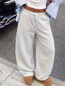 Women Fall Winter Gray Wide Leg Sweatpants, Drawstring Elastic High Waist Trousers With Side & Back Pockets For Daily & Street Wear - Light Grey - View 1
