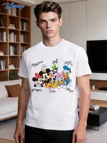 Disney 1 chiếc áo thun nam ngắn tay dáng rộng, in hoạt hình Mickey Mouse và Minnie Mouse dễ thương, cổ tròn, co giãn nhẹ - trắng - Xem 1