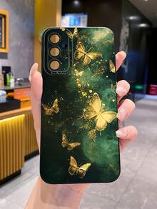 1pc Green Background Gold Butterfly Camera Anti-Drop Phone Case UV Printed Suitable For Samsung/Galaxy/ Android Models - Black - View 3