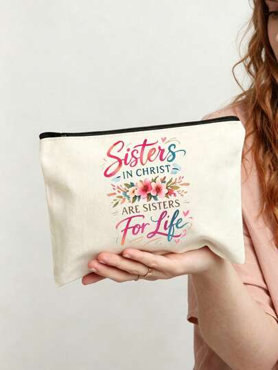 Casual Portable Zipper Makeup Bag, Sister Floral Print, Lightweight Travel Toiletry Bag, Multi-Functional Storage Organizer, Suitable For Vacation, Travel, Back To School, Office, Daily Use, Makeup Brush Storage Bag And Pencil Case, Perfect Birthday Gift For Women, Girls, Sisters, Students, Teachers, Best Gift For Your Favorite Sister