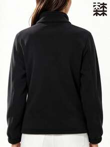 mulinsen 女款純色抓絨運動夾克，立領拉鍊開襟，字母細節設計，保暖面料，適合徒步與健身 - 黑色 - 查看 4