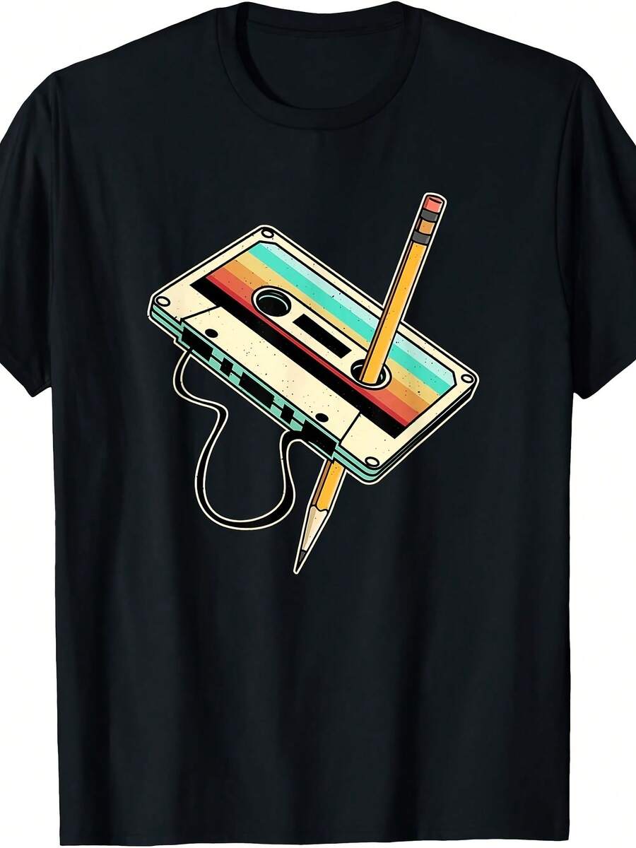 80s 90s Retro Party Costume Nostaia Cassette T-Shirt - 黑色 - 查看 1
