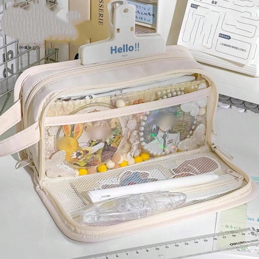 超吸睛多層分格筆袋,透明徽章隔層 DIY 貼紙禮盒,中學生與高中生文具收納袋 - 多色 - 查看 1