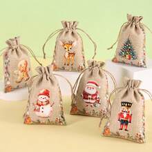 1/6/12/24pcs Festive Christmas Jute Burlap Gift Bags With Drawstring Closure - Watercolor Santa, Snowman, Nutcracker, Gingerbread For Man & Reindeer Designs, Rustic Linen Fabric For Holiday Party Favors, Treat Bags, Jewelry Storage & Xmas Decorations - Multicolor - View 3
