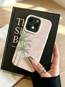 1pc Cream Leather Texture Raised Large Camera Frame Phone Case, Light Pink Watercolor Fan-Shaped Background With Palm Tree Print, Shockproof Soft Protective Phone Case, Suitable For Apple17/16/11/12/13/14/15/15Pro/15Plus/15ProMax/7Plus/8Plus/X/XsMax/Xr/11Pro/13Pro/14Pro/11ProMax/12ProMax/13ProMax/14ProMax/14Plus/7/8/16Pro/16Plus/16ProMax/17Pro/17e/17ProMax - Multicolor - View 5