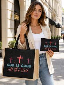黑色亞麻托特包套組，含「GOD IS GOOD」大號購物托特包與配套拉鍊化妝收納包，靈感聖經金句花卉圖案，大容量托特包適合裝書本、雜貨與日常必需品，拉鍊收納包可存放化妝品、筆、鑰匙與小件個人物品，適合教會活動、日常購物、上學通勤與週末旅行，女性生日與喬遷禮物，返校季適用 - 彩色 - 查看 2