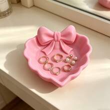 1pc Heart-Shaped Jewelry Tray With Bow Design, Pink Bow Style, Durable Plastic Material, Suitable For Storing Jewelry, Rings And More, Perfect For Vanity, Desk, Bedside Table, Desktop Decoration - Multicolor - View 1