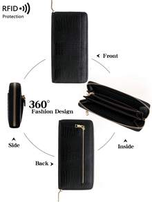 CHARM INFINITE Premium Crocodile Embossed Long Wallet For Women, Large Capacity Multi-Card Slot Zipper Clutch Purse, Minimalist Vintage Leather Wallet - Black - View 6