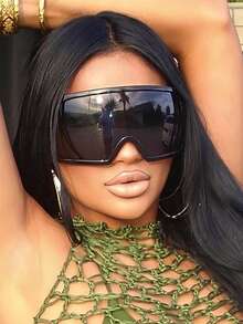 1 buah Kacamata Fashion Gaya Cyberpunk Techno Futuristik Ukuran Besar, Unik untuk Wanita - Hitam - View 4