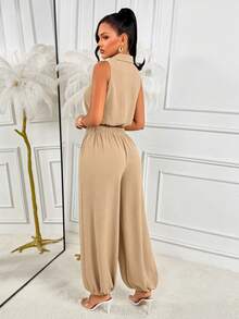 AIJ Women Fall French Casual Two Pieces Set Sleeveless Collared Button Drawstring Crop Top Elastic Waist Jogger Pants Khaki Matching Outfit Elegant Summer - Khaki - View 2