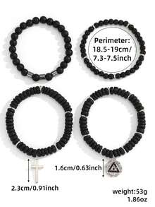 RINTOLER 4pcs/set Vintage Unusual Matte Lava Rock & Wooden Beads With Spacer Elastic Bracelet - ZJ10491 - View 11