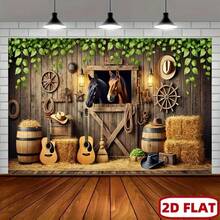 2D Flat Cowboy Horse Racing Theme, Vintage Stable Style, Includes Wooden Fence, Cowboy Hat, Haystack, Vintage Carriage Wheel, Suitable For Indoor And Outdoor Themed Events, Can Be Used As Wall Decor, Photo Backdrop, Home Decoration, Outdoor Party - 1 - View 3