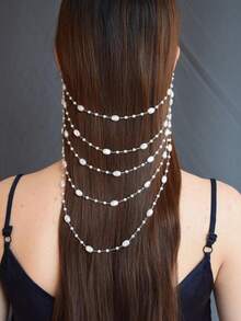 1pc Fashionable Elegant Women's Multi-Layer Pearl Chain Hair Chain Ear Hook Hair Accessory Chain For Party Banquet Hair Decoration Jewelry - Pearl Hair Chain - View 3