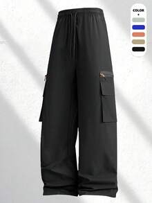 Men's Outdoor Multi-Pocket Cargo Pants, Featuring Drawstring Waist Design, Multi-Pocket Design Provides Ample Storage Space Sports Black - Black - View 6