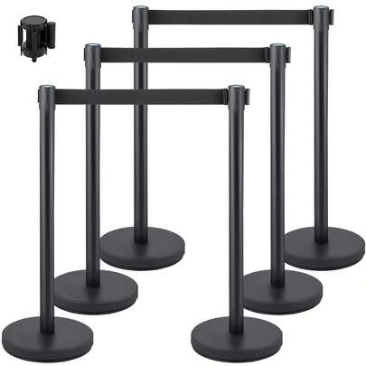 Piezas Postes Separadores Altura 90 cm Negros,Poste Separador con Cinta Extensible de 2 m Negra Conexión de 4 Vías Diámetro de Base 32 cm Postes de Barrera