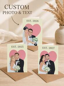 1PC Customized Photo Flat Illustrations For Wedding Greeting Cards, Personalized Couple Portraits For Folded Message Cards, Customized Anniversary Wedding Frame Cards. - Multicolor - View 2