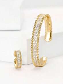 2pcs Fashion Minimalist Rhinestone Inlaid Bracelet & Ring Set, Suitable For Women's Daily Wear - Gold - View 3