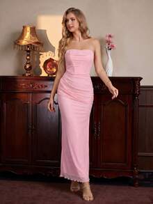 PARTHEA Women Elegant Pink Strapless Maxi Dress, Ruched High Slit Mesh Fitted Long Evening Party Dress - Pink - View 7