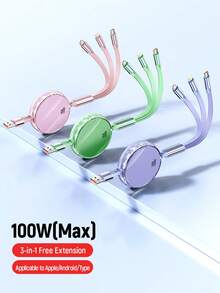 Data cable Kabel Pengisi Daya Cepat 3-in-1 100W (MAX) & Kabel Tiga-ke-Tunggal yang Dapat Ditarik, Kabel Data Pengisian Daya Kompatibel dengan iPhone 18/17/16/15/14/13/12/11 Pro Max/XS MAX/XR/XS/X/8/7 Plus/ dan Kompatibel dengan Seri , Kabel Pengisian Daya Efisiensi Universal Kompatibel dengan iPhone, Android, Adaptor Universal - MultiWarna - View 4