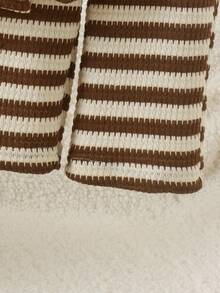 2pcs Baby Girl Vintage Brown Polo Collar Knit Striped Long Sleeve Top And Wide Leg Pants Set, Lightweight For Spring And Autumn - Mocha Brown - View 6