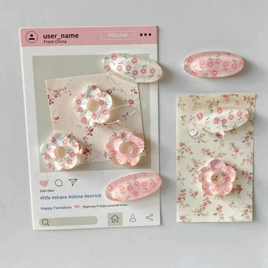 2/4/8pcs Pink Floral Refrigerator Stickers, Oval And Floral Shaped Refrigerator Magnets, Kitchen Photo Stickers, Decorative Accessories - Multicolor - View 1
