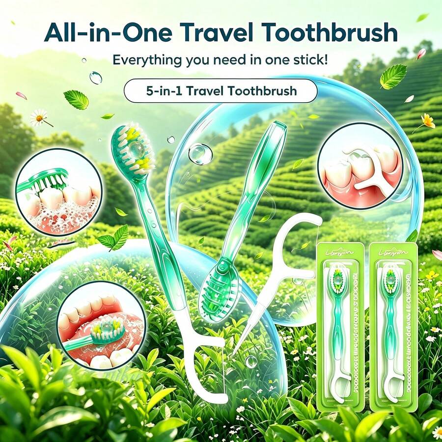30件/20件/10件/5件 一次性迷你旅行牙刷組,5合1迷你綠色牙刷+牙線+牙籤,便攜式牙刷,適用於旅行、工作和日常使用,緊湊設計 - 綠色 - 查看 1