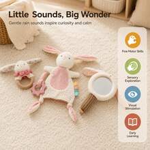 3pcs Cute Rabbit Baby Soothing Toy Set, Plush Rabbit Ring Rattle, Soothing Blanket And Animal Hand Mirror, Baby Visual Sensory Soothing Toys, Newborn Baptism Gift - Multicolor - View 5