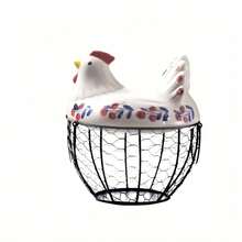 [Kitchen Essentials/Kitchen Decor And Accessories]Metal Wire Egg Basket With Floral Ceramic Hen Cover, Farm Fresh Egg Collector Organizer For Kitchen Counter, Vintage Rustic Farmhouse Decor Must-Have Viral Kitchen Accessory - Flower - View 3